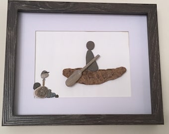 Gift for kayaker; Sailor gift;Paddler gift; Unique pebble kayak art; Rowing pebble art; Cottage Decor; Canoe enthusiast Picture; Water Gift