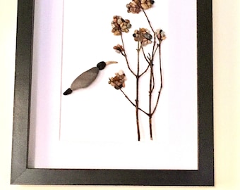 Humming Bird Pebble Art; Bird Lover Gift; Unique Hummingbird Pebble Art; Pebble Flower picture with bird; Custom Pebble Art