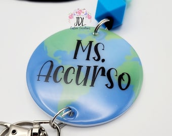 Teacher Lanyard - Geography Teacher Lanyard - World Lanyard - Silicone Bead Lanyard - Personalized Lanyard - Teacher Appreciation - Trendy