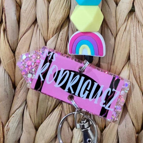 Cordón personalizado para crayones de profesor: acrílico brillante, cuentas de silicona