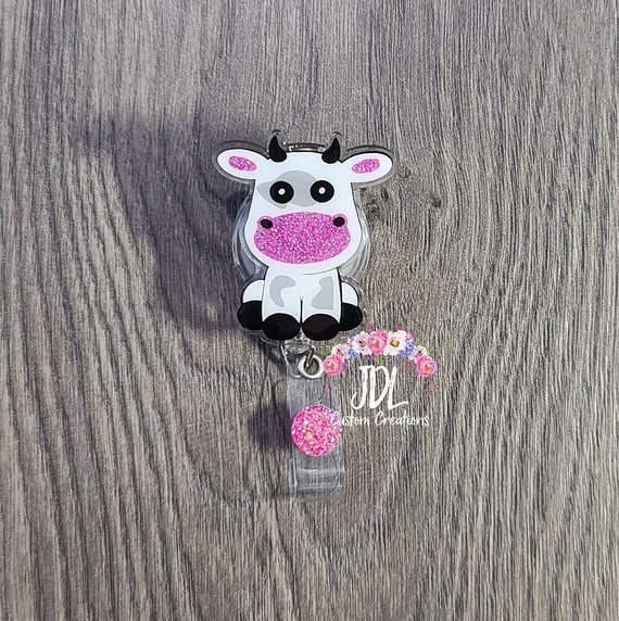 Cow Badge Reel Cow Go Moo Badge Reel Cute Cow Badge Reel ID Badge Reel Pink  Glitter Art Resin Made to Order Cute Cow 