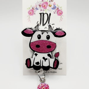 Pink Glitter Cow Badge Reel: Art Resin Alligator Clip