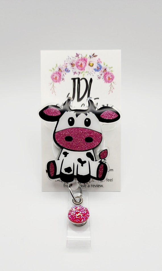 Cow Badge Reel - Cow Go Moo - Badge Reel - Cute Cow Badge Reel - ID Badge  Reel - Pink Glitter - Art Resin - Made to Order - Cute Cow