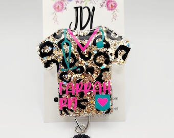 Leopard Scrub Top Badge Reel: Glitter Art Resin, Nurse ID