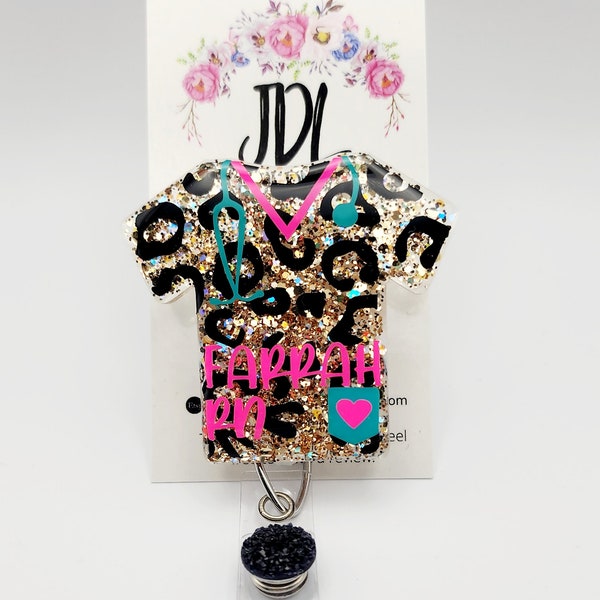 Leopard Scrub Top Badge Reel: Glitter Art Resin, Nurse ID