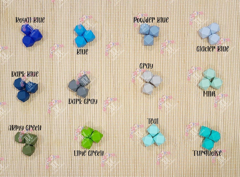 May include: A variety of colors of silicone teething beads in a geometric shape. The colors include royal blue, powder blue, glacier blue, blue, dark blue, gray, dark gray, army green, lime green, teal, mint, and turquoise.