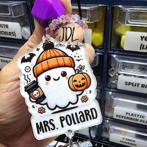 Cute Ghost Lanyard - Halloween Lanyard - Coffee Pumpkin Ghost Lanyard - Teacher Lanyard - Halloween Season Lanyard - Silicone Bead Lanyard