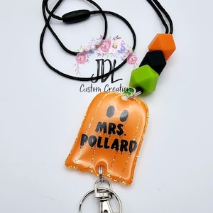 Pumpkin Ghost Lanyard - Halloween Lanyard - Cute Ghost Pumpkin Lanyard - Teacher Lanyard - Halloween Season Lanyard - Silicone Bead Lanyard