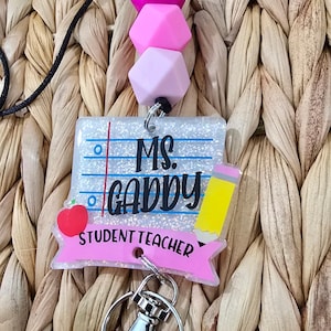 Personalized Notebook Paper with Grade or Title Teacher Lanyard: Silicone Bead & Glitter Acrylic Charm