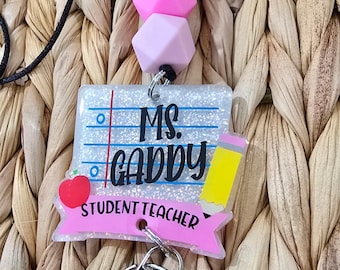 Personalized Notebook Paper with Grade or Title Teacher Lanyard: Silicone Bead & Glitter Acrylic Charm
