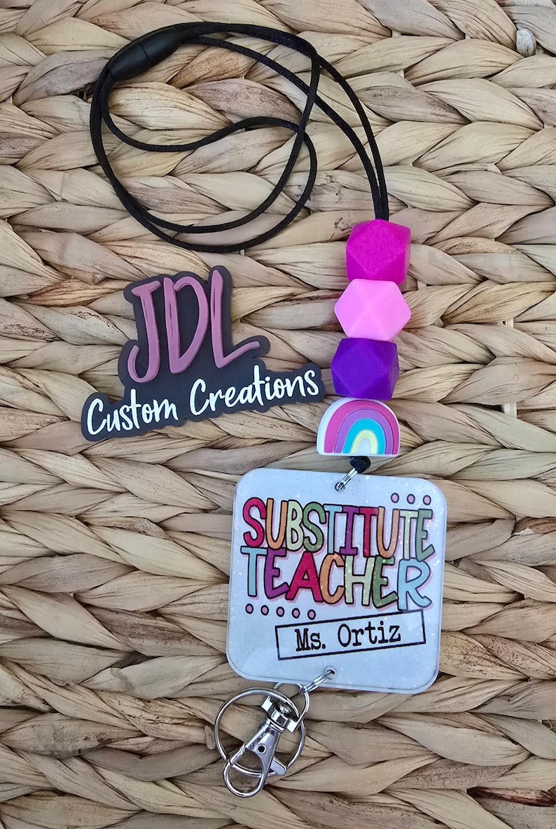 Substitute Teacher Lanyard: Teacher Lanyard, Trendy Lanyard, Cute Lanyard, Custom Lanyard -Personalized Acrylic Resin Lanyard Badge image 2