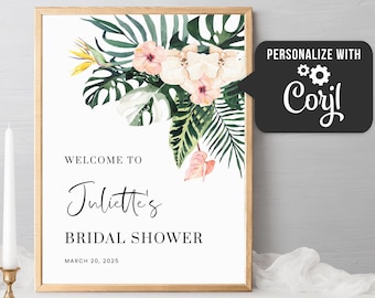 Tropical welcome sign bridal shower sign, floral greenery palm leaf welcome sign template, printable boho bridal shower decoration