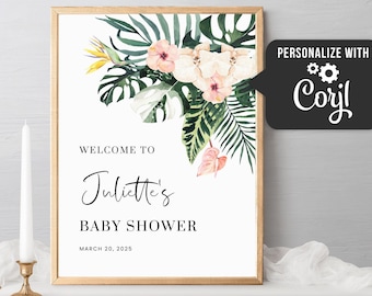 Tropical welcome sign baby shower sign template, pink floral welcome sign printable boho baby shower decor girl baby shower decoration
