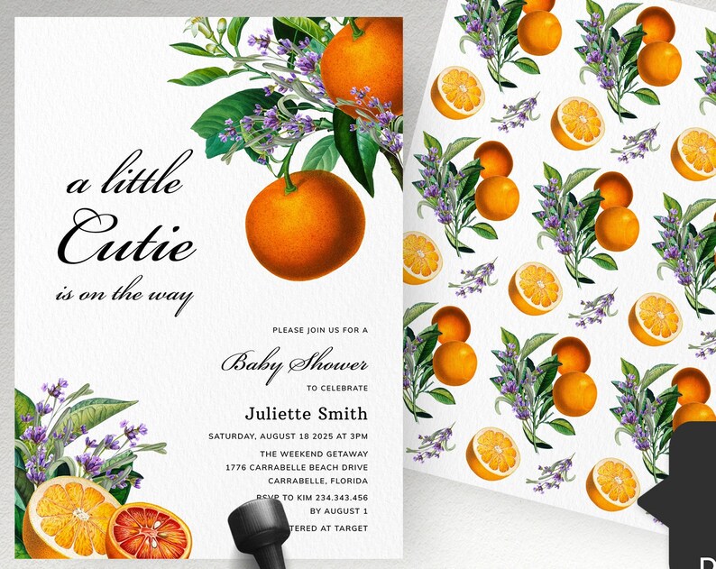 Cutie Baby Shower invitation lavender baby shower invite Little cutie on the way Citrus baby shower Oranges baby shower