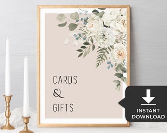 Cards and Gifts Sign White floral wedding sign Printable Eucalyptus greenery cards gifts Sign, Bridal shower decor - Baby shower sign