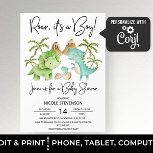 Dinosaur Baby shower Invitation Boy baby shower invitation template Editable Dino baby shower invite