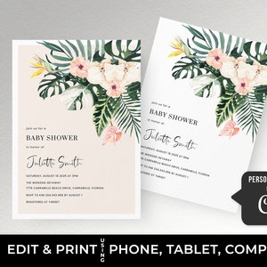 Tropical Baby Shower invitation girl pink floral baby shower invite template, beach Hawaii Aloha palm leaf Baby Shower