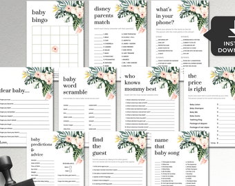 Tropical baby shower games printable, greenery palm leaf baby shower games bundle, Summer pink floral Girl baby shower games package