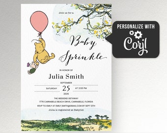 Classic Winnie The Pooh Baby Sprinkle invitation template, Pink balloon bear Girl baby sprinkle invite. Editable Sprinkle shower invitation