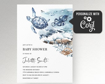 Sea turtle Baby Shower invitation under the sea baby shower invite template, beach Ocean Baby Shower invitation summer
