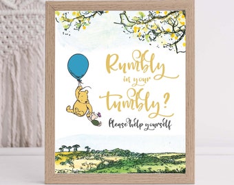 Rumbly in your tumbly sign Classic Winnie the pooh baby shower decor Blue Balloon Pooh bear decorations Boy baby shower sign