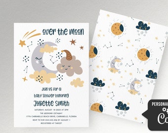 Over the moon Baby Shower invitation Gender neutral baby shower invite, Moon stars Celestial baby shower invitation Girl Boy