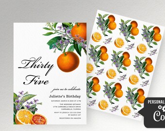 Oranges Birthday invitation Adult birthday party invite template, fruit citrus birthday invitation Women birthday invitations