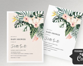 Tropical Baby Shower invitation girl pink floral baby shower invite template, beach Hawaii Aloha palm leaf Baby Shower