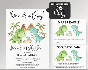 Dinosaur Baby shower Invitation Boy baby shower invite Editable template Dinosaur invitation, books for baby and diaper raffle ticket