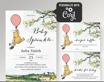 Classic Winnie The Pooh Baby Sprinkle invitation Girl baby sprinkle invite template, Pink balloon Pooh bear inviite set