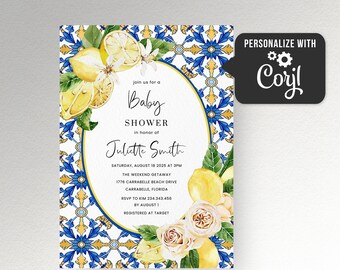 Blue tiles Lemon baby Shower invitation positano Mediterranean Italian baby shower invite, Amalfi coast citrus Baby Shower invitation