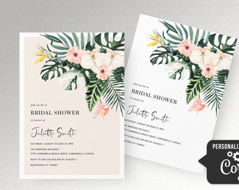 Tropical Bridal Shower invitation palm leaf bridal shower invite template, summer pink floral bridal Shower invitation boho