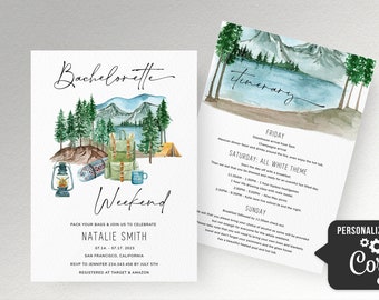 Lake Bachelorette invitation template, Camping by the lake bachelorette party invite Glamping bachelorette weekend invitation itinerary