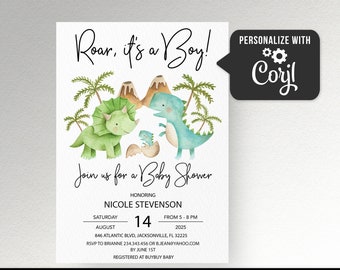 Dinosaur Baby shower Invitation Boy baby shower invitation template Editable Dino baby shower invite