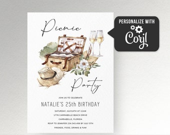 Boho Picnic Invitation Women birthday invite template, Garden backyard party, 20th 30th 40th 50th Adult birthday invitation