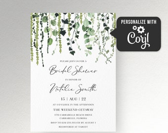 Groen bruids douche uitnodiging sjabloon, Eucalyptus bruids douche uitnodigen, minimalistische bruids douche uitnodiging lente