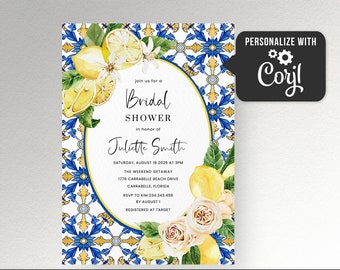 Blue tiles Lemon Bridal Shower invitation Positano Mediterranean Amalfi bridal shower invite, Citrus Italian bridal Shower invitation