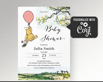 Classic Winnie The Pooh Baby Shower invitation Girl baby shower invite template, Pink balloon Winnie the pooh invitation