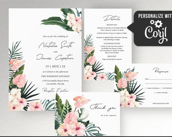 Tropical Wedding invitation palm leaf boho wedding invite suite template, Spring summer beach pink floral wedding invitation