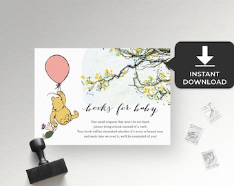 Books for baby card Winnie The Pooh baby shower game Bring a book Request Printable girl Baby Shower games