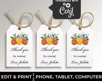 Citrus favor tags Oranges Thank you tags, Gift bag tags template, Citrus baby shower decor, Fruit birthday decoration, Shower favor tags