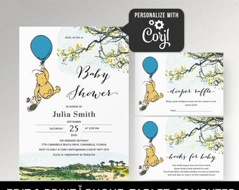 Winnie The Pooh Baby Shower invitation Boy baby shower invite, Blue balloon diaper raffle, Books for baby Classic Winnie the pooh invitation