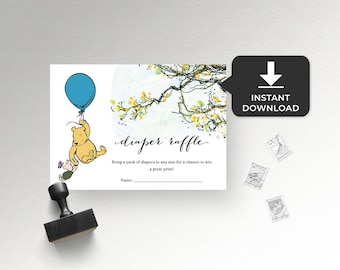 Winnie the pooh Diaper raffle card Boy baby shower game, Classic Winnie The Pooh Baby shower decoration, Boy shower Diaper raffle ticket