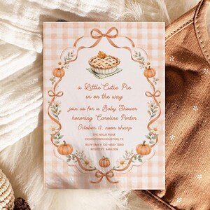 Gingham Cutie Pie Baby Shower Invitation | Fall Pumpkin Floral Wreath Bow | Girl Coquette Peach Orange Bakery Theme Card