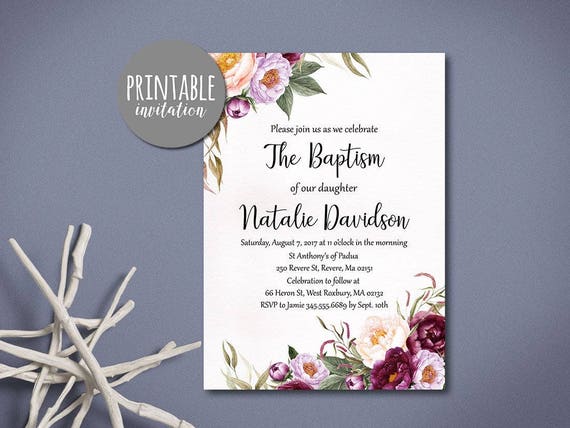 floral baptism invitation girl baptism invitation printable etsy