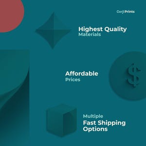 Puede incluir: Un fondo gr&aacute;fico color verde azulado con el texto Corjl Prints, Highest Quality Materials, Affordable Prices y Multiple Fast Shipping Options. El dise&ntilde;o incluye un c&iacute;rculo rojo, una forma de diamante, un signo de d&oacute;lar y un cubo en tonos verde azulado.