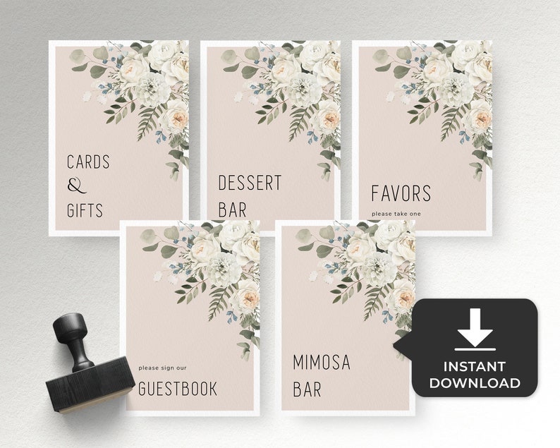 Editable place card template Wedding name cards green white blush pink floral food label card printable baby shower decor bridal shower