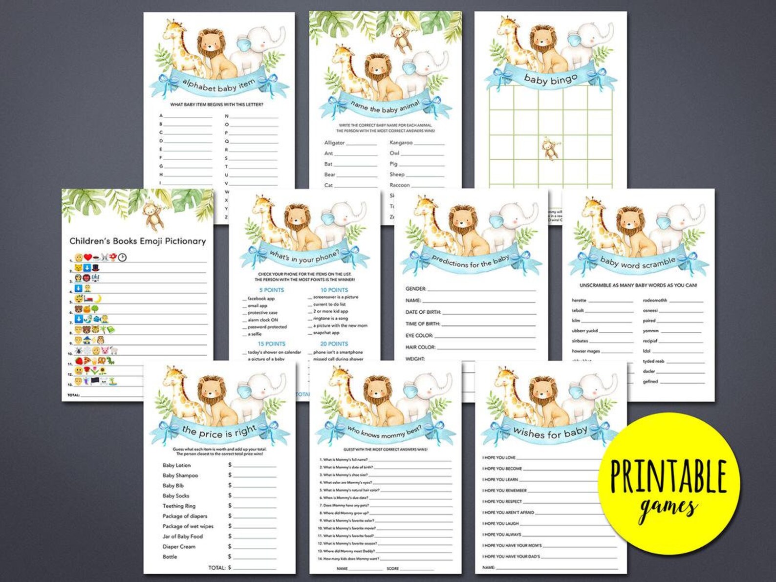 Jungle bingo baby shower game printable Elephant Lion | Etsy