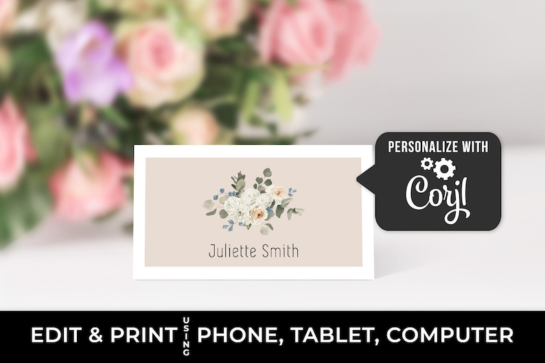 Editable place card template Wedding name cards green white blush pink floral food label card printable baby shower decor bridal shower