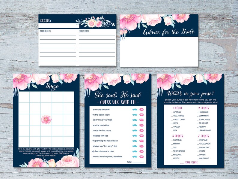 Printable Recipe Card Recipe card Printable Floral Bridal Shower Games Pink /& Navy Floral Bridal Shower Recipe Card